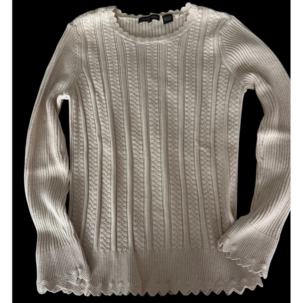 Vintage Y2K Feminine Romantic Lace Trim Cable Knit Sweater Size Medium Cream